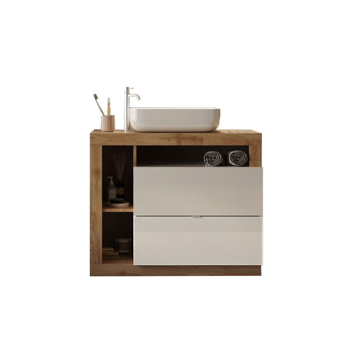 Meuble de salle de bain avec une vasque et 2 tiroirs,  collection BURA. Coloris blanc brillant et chêne clair
