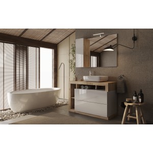 Meuble de salle de bain avec une vasque et 2 tiroirs,  collection BURA. Coloris blanc brillant et chêne clair