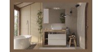 Meuble de salle de bain avec une vasque et 2 tiroirs,  collection BURA. Coloris blanc brillant et chêne clair