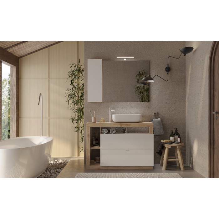 Meuble de salle de bain avec une vasque et 2 tiroirs,  collection BURA. Coloris blanc brillant et chêne clair