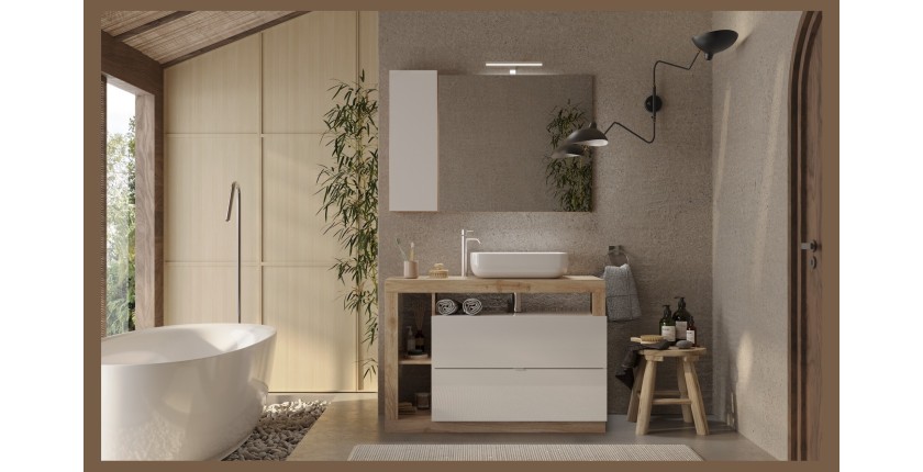 Meuble de salle de bain avec une vasque et 2 tiroirs,  collection BURA. Coloris blanc brillant et chêne clair