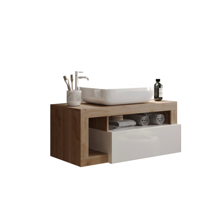 Meuble de salle de bain suspendu avec une vasque et 1 tiroir, collection BURA. Coloris blanc brillant et chêne clair