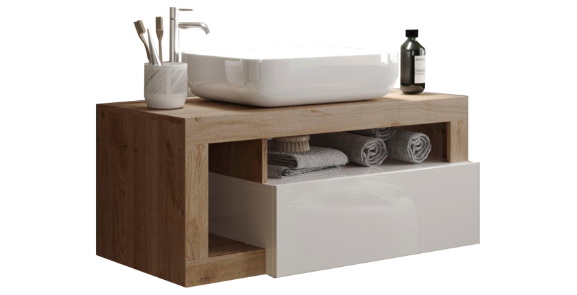 Meuble de salle de bain suspendu avec une vasque et 1 tiroir, collection BURA. Coloris blanc brillant et chêne clair