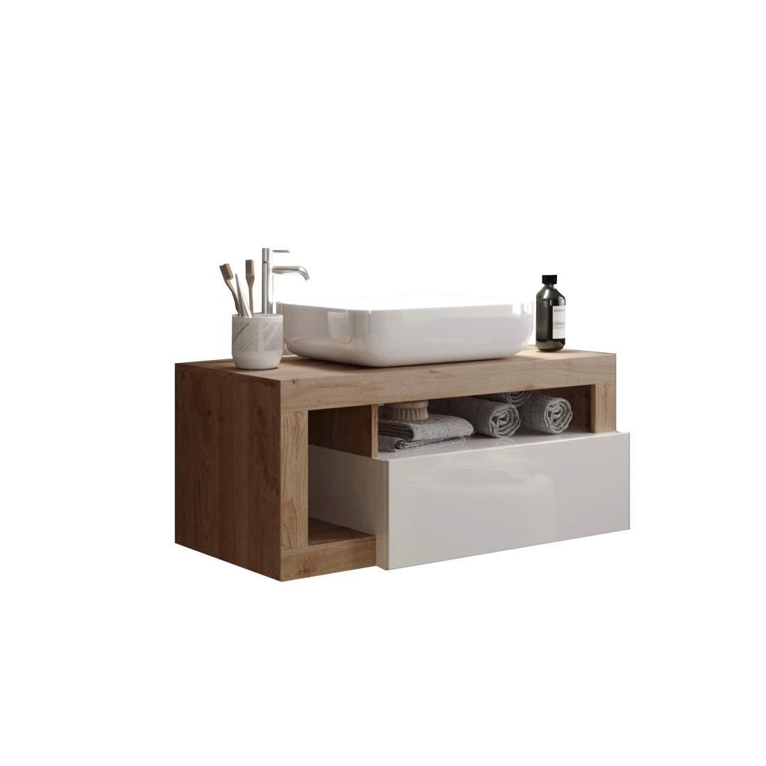 Meuble de salle de bain suspendu avec une vasque et 1 tiroir, collection BURA. Coloris blanc brillant et chêne clair