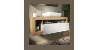 Meuble de salle de bain suspendu avec une vasque et 1 tiroir, collection BURA. Coloris blanc brillant et chêne clair