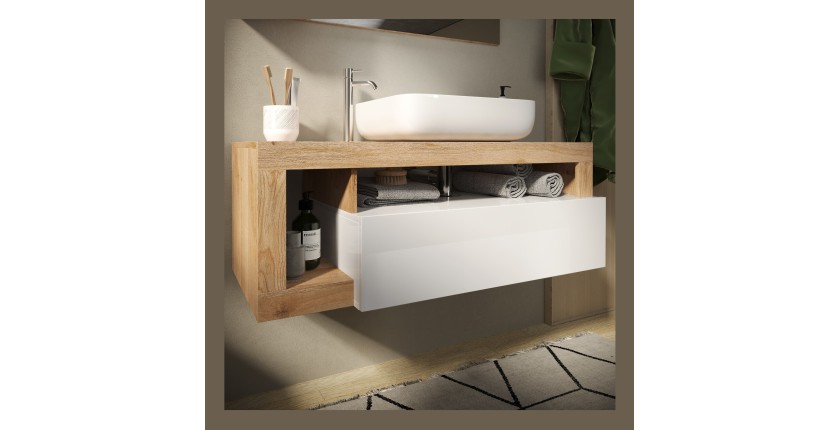 Meuble de salle de bain suspendu avec une vasque et 1 tiroir, collection BURA. Coloris blanc brillant et chêne clair