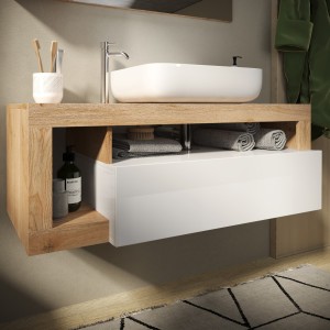 Meuble de salle de bain suspendu avec une vasque et 1 tiroir, collection BURA. Coloris blanc brillant et chêne clair