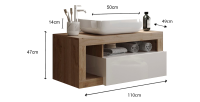 Meuble de salle de bain suspendu avec une vasque et 1 tiroir, collection BURA. Coloris blanc brillant et chêne clair