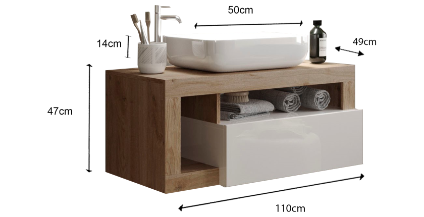 Meuble de salle de bain suspendu avec une vasque et 1 tiroir, collection BURA. Coloris blanc brillant et chêne clair