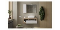 Meuble de salle de bain suspendu avec une vasque et 1 tiroir, collection BURA. Coloris blanc brillant et chêne clair