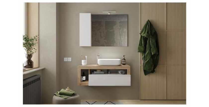 Meuble de salle de bain suspendu avec une vasque et 1 tiroir, collection BURA. Coloris blanc brillant et chêne clair