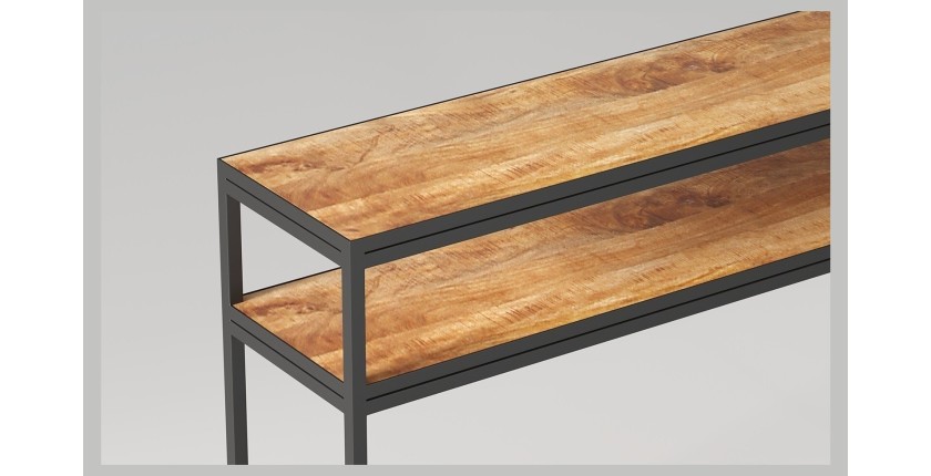 Console de salon style industriel en bois massif exotique de Mangolia et structure métal. Collection MADEIRO