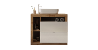 Meuble de salle de bain avec une vasque et 2 tiroirs, longueur 92cm, collection BURA. Coloris blanc brillant et chêne clair