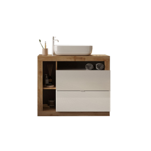Meuble de salle de bain avec une vasque et 2 tiroirs, longueur 92cm, collection BURA. Coloris blanc brillant et chêne clair