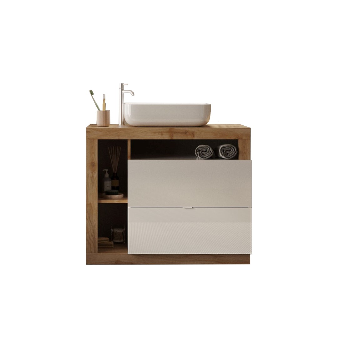 Meuble de salle de bain avec une vasque et 2 tiroirs, longueur 92cm, collection BURA. Coloris blanc brillant et chêne clair