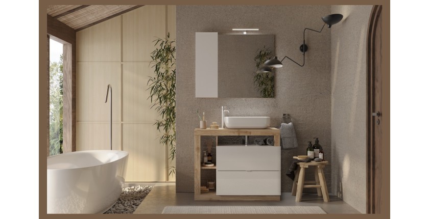 Meuble de salle de bain avec une vasque et 2 tiroirs, longueur 92cm, collection BURA. Coloris blanc brillant et chêne clair