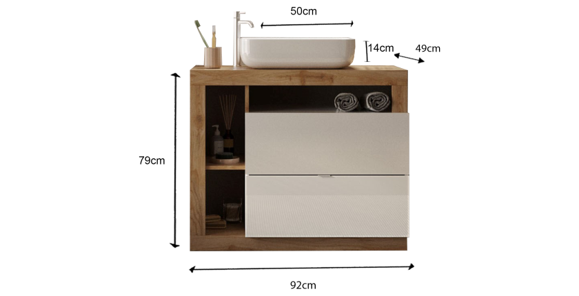 Meuble de salle de bain avec une vasque et 2 tiroirs, longueur 92cm, collection BURA. Coloris blanc brillant et chêne clair