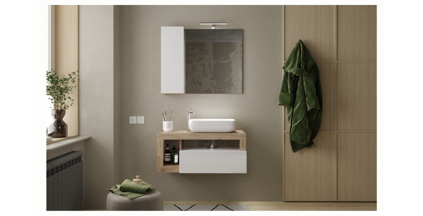 Meuble de salle de bain suspendu avec vasque et tiroir, longueur 92cm, collection BURA. Coloris blanc brillant et chêne clair