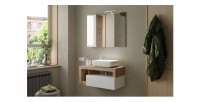 Meuble de salle de bain suspendu avec vasque et tiroir, longueur 92cm, collection BURA. Coloris blanc brillant et chêne clair