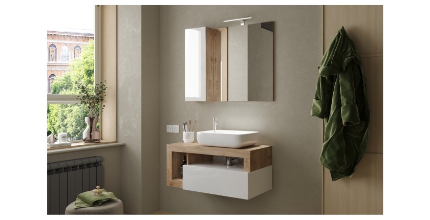 Meuble de salle de bain suspendu avec vasque et tiroir, longueur 92cm, collection BURA. Coloris blanc brillant et chêne clair