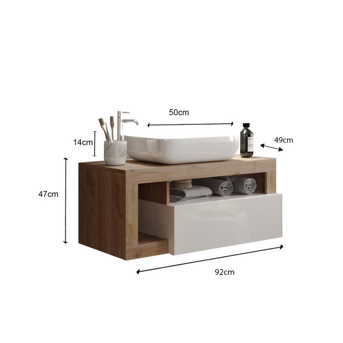 Meuble de salle de bain suspendu avec vasque et tiroir, longueur 92cm, collection BURA. Coloris blanc brillant et chêne clair