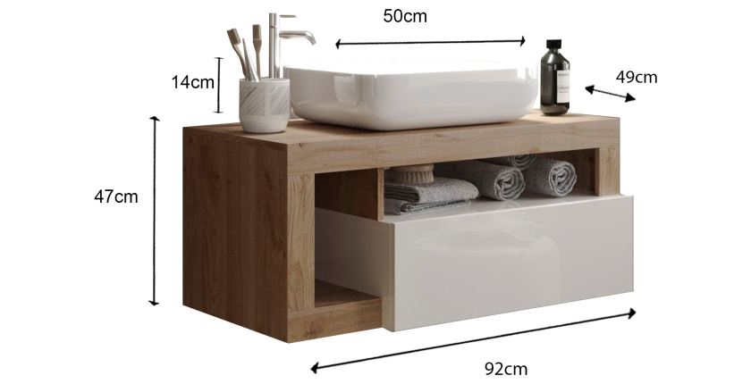 Meuble de salle de bain suspendu avec vasque et tiroir, longueur 92cm, collection BURA. Coloris blanc brillant et chêne clair