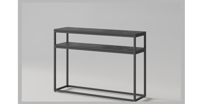 Console de salon style industriel en bois massif exotique de Mangolia noir et structure métal. Collection MADEIRO