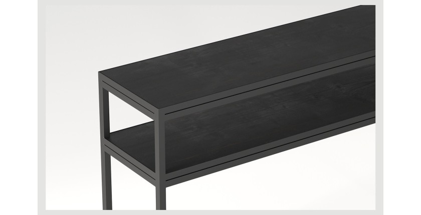 Console de salon style industriel en bois massif exotique de Mangolia noir et structure métal. Collection MADEIRO