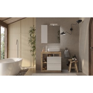 Meuble de salle de bain avec une vasque et 2 tiroirs, longueur 79cm, collection BURA. Coloris blanc brillant et chêne clair