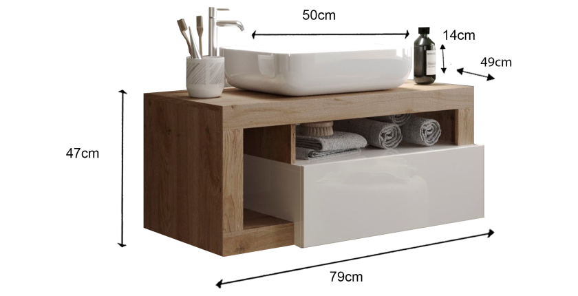 Meuble de salle de bain suspendu avec vasque et tiroir, longueur 79cm, collection BURA, coloris blanc brillant et chêne clair