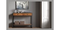 Console de salon avec tiroir style industriel en bois massif exotique de Mangolia et structure métal. Collection MADEIRO