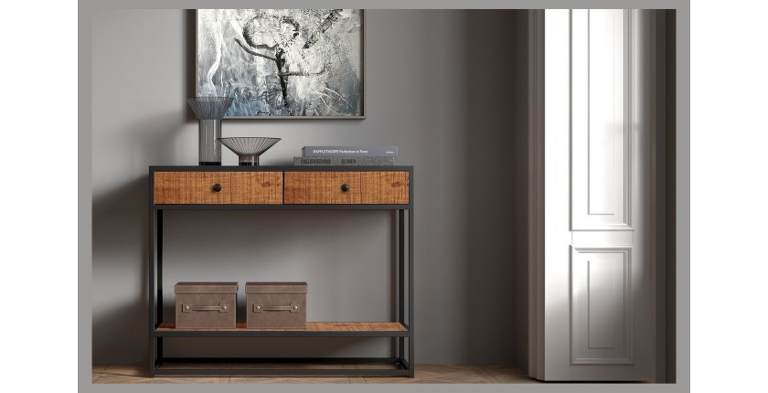 Console de salon avec tiroir style industriel en bois massif exotique de Mangolia et structure métal. Collection MADEIRO