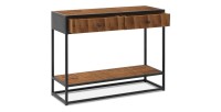 Console de salon avec tiroir style industriel en bois massif exotique de Mangolia et structure métal. Collection MADEIRO