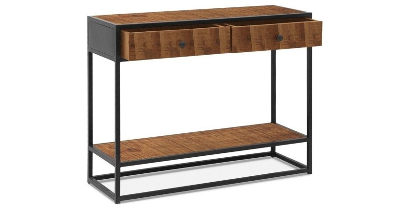 Console de salon avec tiroir style industriel en bois massif exotique de Mangolia et structure métal. Collection MADEIRO