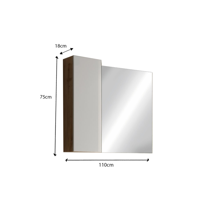Miroir design avec rangement, 110x75 cm, collection BURA, coloris blanc brillant et chêne clair