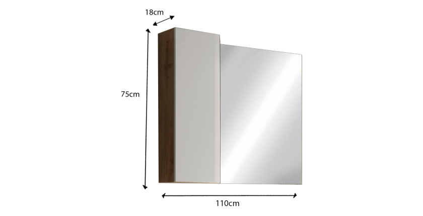 Miroir design avec rangement, 110x75 cm, collection BURA, coloris blanc brillant et chêne clair