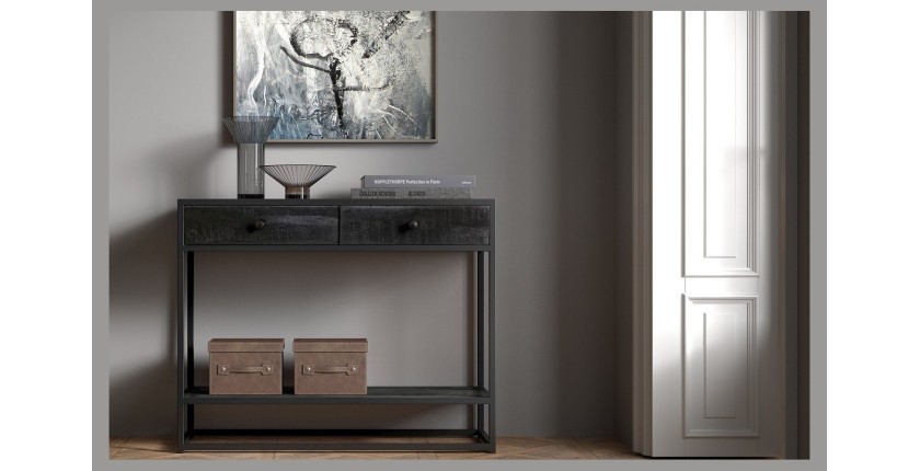 Console de salon avec tiroir style industriel en bois massif exotique de Mangolia noir et structure métal. Collection MADEIRO
