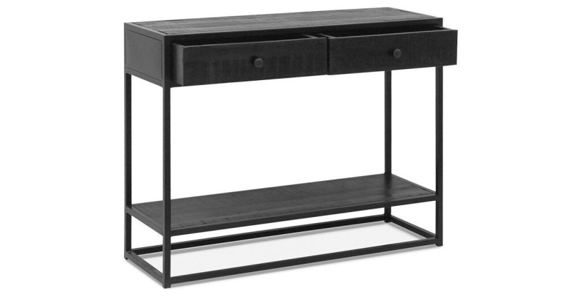 Console de salon avec tiroir style industriel en bois massif exotique de Mangolia noir et structure métal. Collection MADEIRO