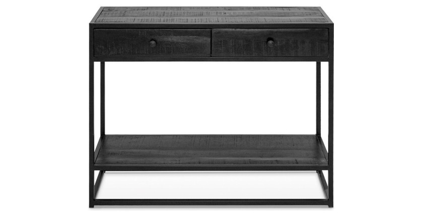 Console de salon avec tiroir style industriel en bois massif exotique de Mangolia noir et structure métal. Collection MADEIRO