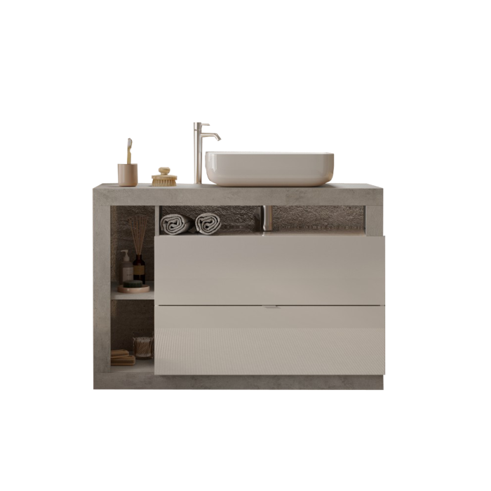 Meuble de salle de bain avec une vasque et 2 tiroirs, collection BURA. Coloris blanc brillant et béton