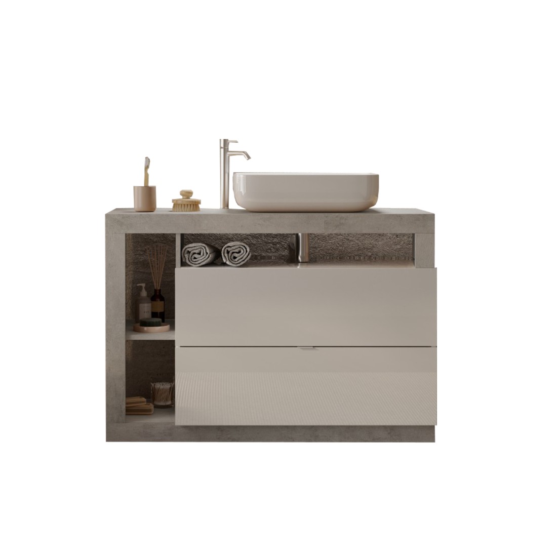 Meuble de salle de bain avec une vasque et 2 tiroirs, collection BURA. Coloris blanc brillant et béton