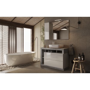 Meuble de salle de bain avec une vasque et 2 tiroirs, collection BURA. Coloris blanc brillant et béton