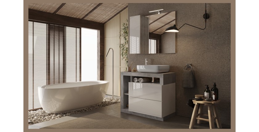 Meuble de salle de bain avec une vasque et 2 tiroirs, longueur 92cm, collection BURA. Coloris blanc brillant et béton