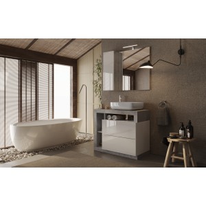 Meuble de salle de bain avec une vasque et 2 tiroirs, longueur 92cm, collection BURA. Coloris blanc brillant et béton