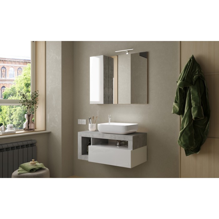 Meuble de salle de bain suspendu avec une vasque et 1 tiroir, longueur 92cm, collection BURA. Coloris blanc brillant et béton