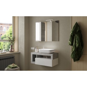 Meuble de salle de bain suspendu avec une vasque et 1 tiroir, longueur 92cm, collection BURA. Coloris blanc brillant et béton