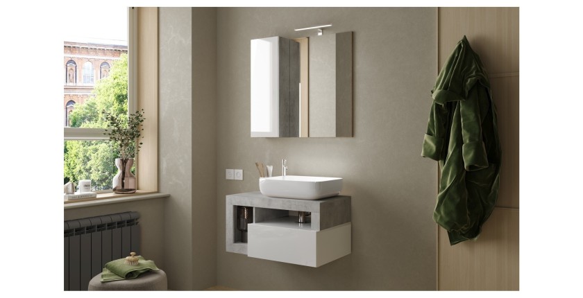 Meuble de salle de bain suspendu avec vasque et 1 tiroir, longueur 79cm, collection BURA, coloris blanc brillant et béton