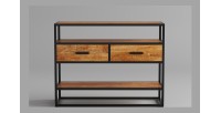 Console de salon avec tiroir et étagère de style industriel en bois massif exotique de Mangolia. Collection MADEIRO