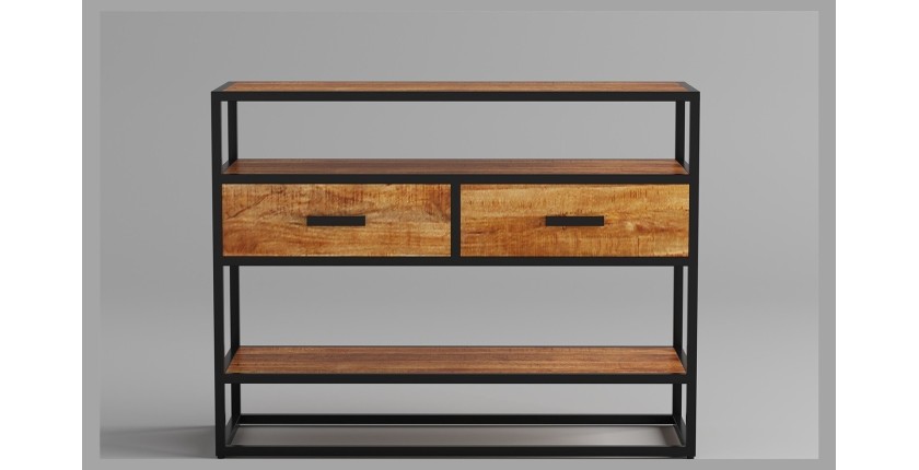 Console de salon avec tiroir et étagère de style industriel en bois massif exotique de Mangolia. Collection MADEIRO