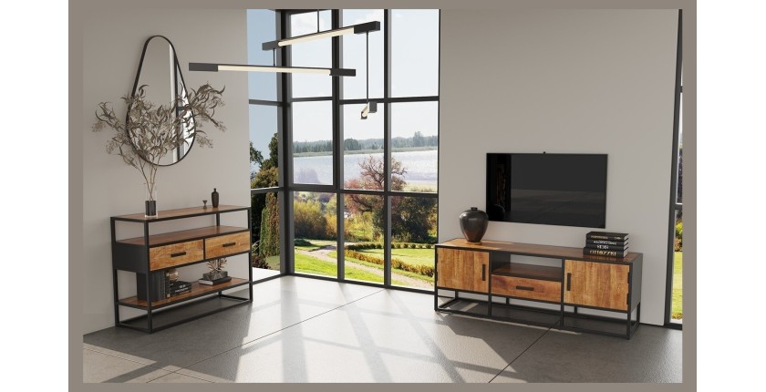 Console de salon avec tiroir et étagère de style industriel en bois massif exotique de Mangolia. Collection MADEIRO